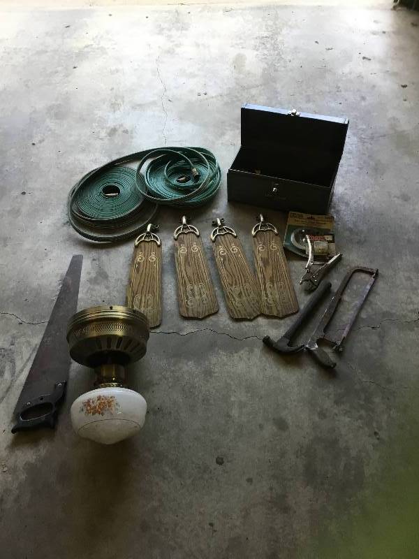 48 ceiling fan 2 soaker hoses (new), tool box with tools