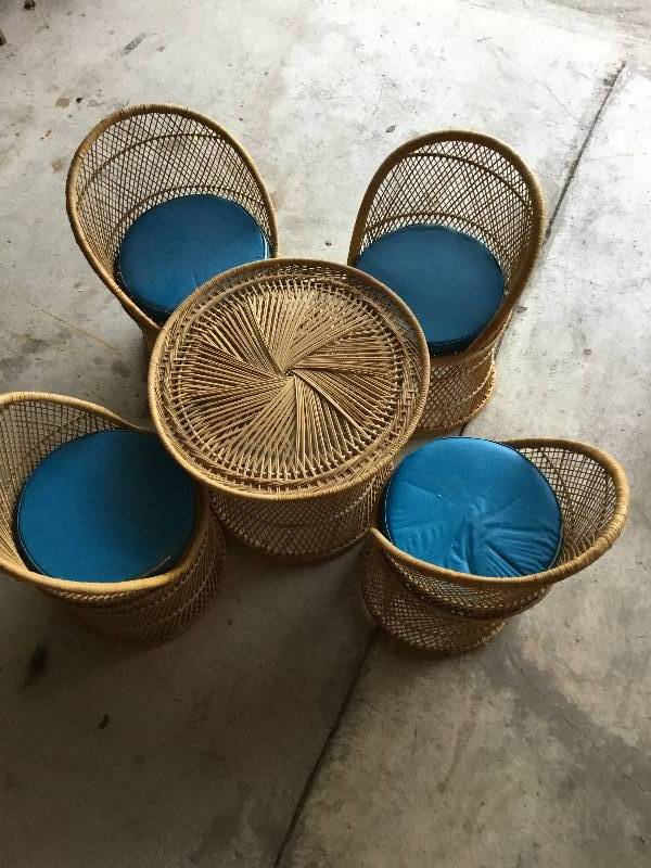 vintage wicker kids set 4 chairs and a table.