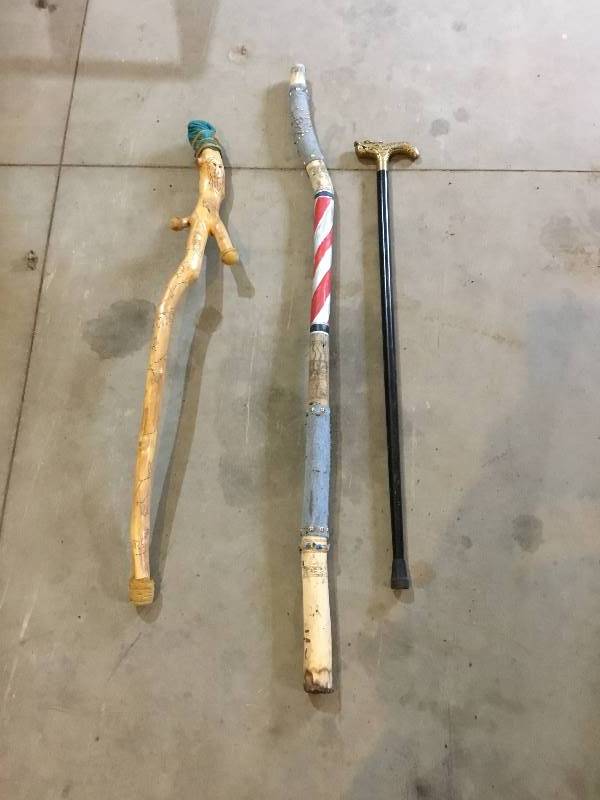 2 walking sticks and one dragon head cane.