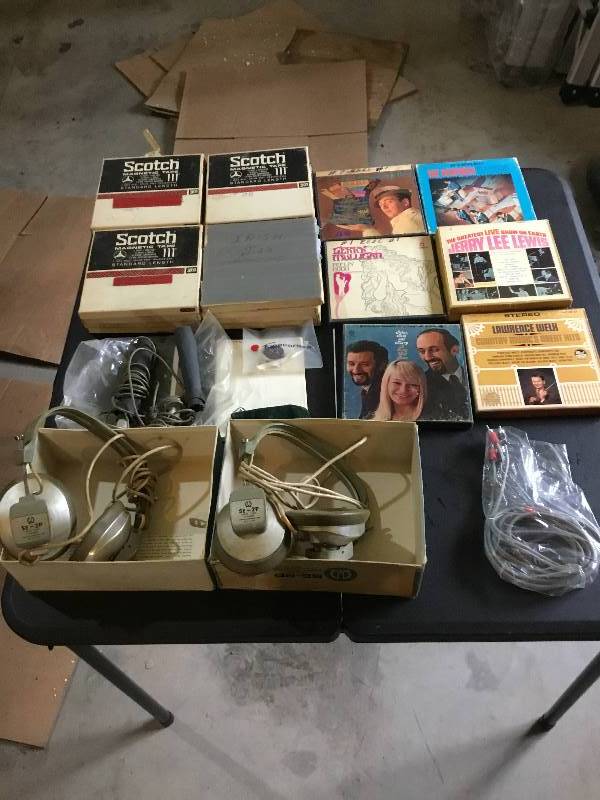Vintage Reel to Reel tapes and 2 pioneer head phones and 2 microphones