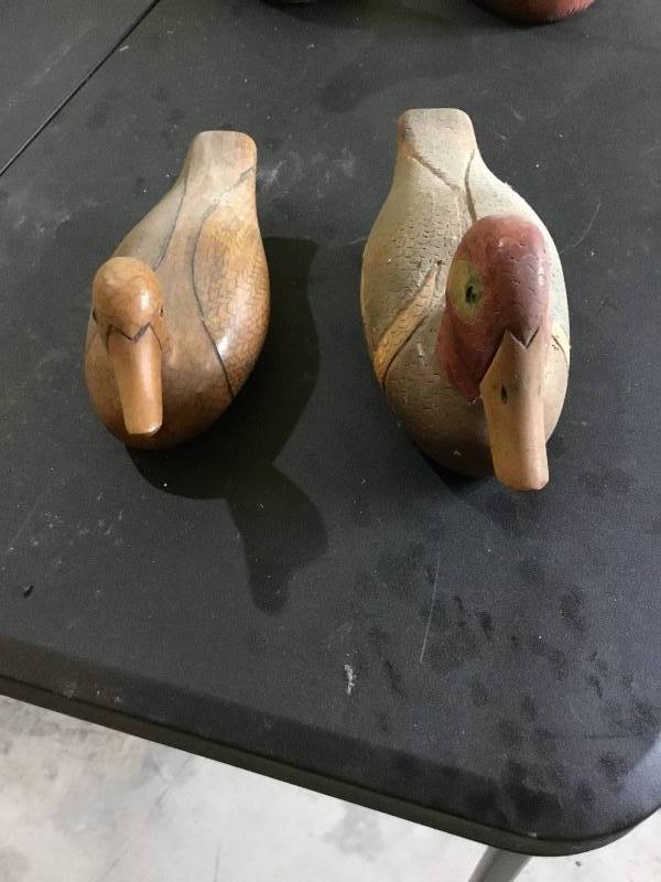 2 hand carved and painted wooden ducks.