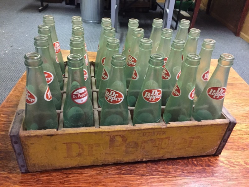 lot 31 image: Wood Dr Pepper Tote Full of Bottles