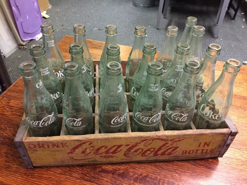 lot 34 image: Wood Coke Tote & Bottles