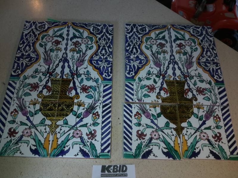 lot 88 image: 2, 4 tile sets of Ceramic Tiles with hanging urn design