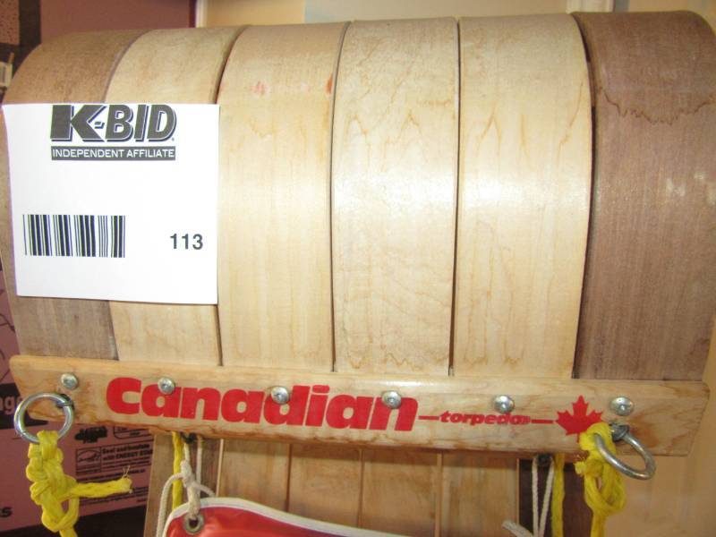 lot 113 image: Wood Toboggan with pad, plastic sled