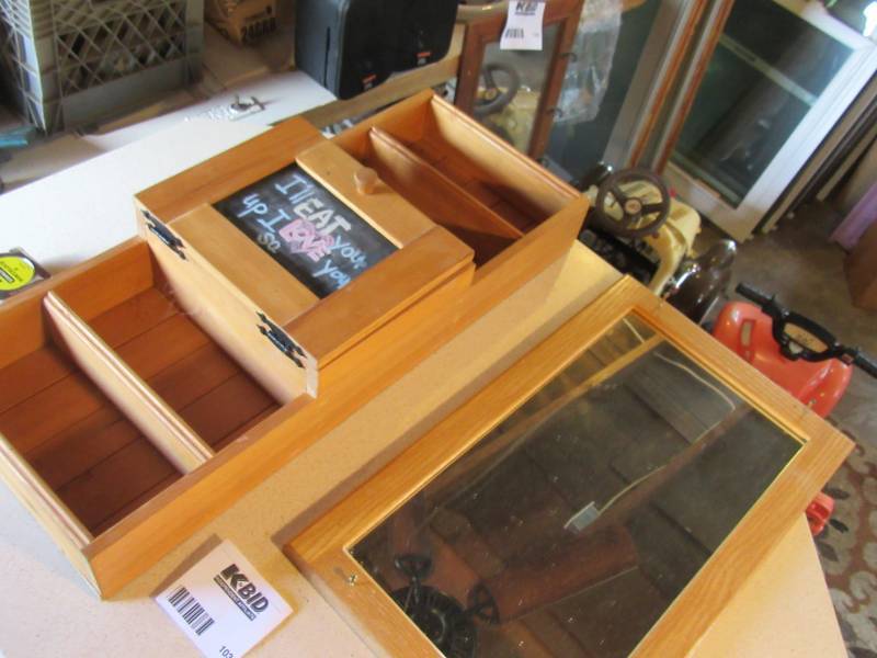 lot 103 image: Mirror and wall shelf with drop down storage