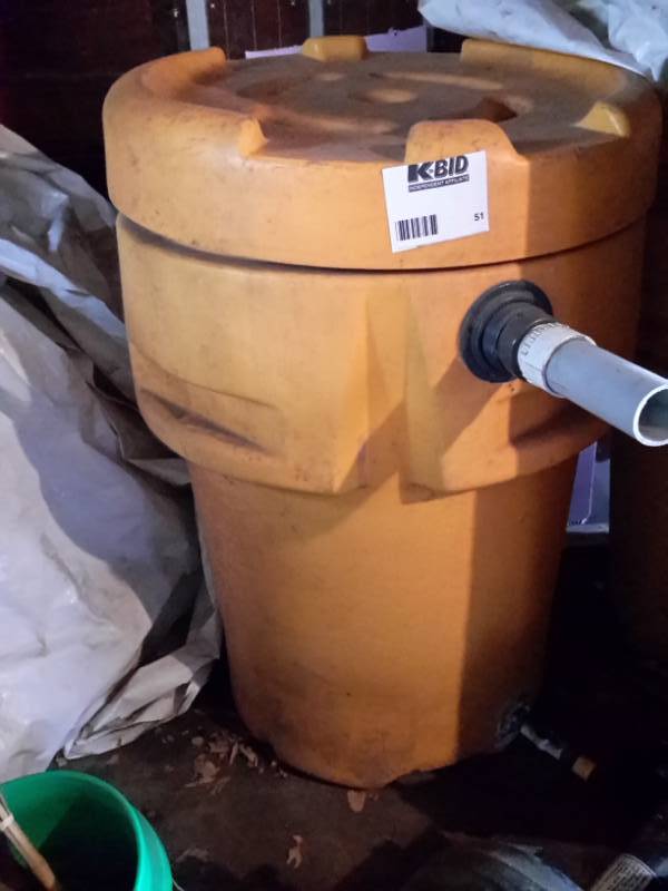 lot 51 image: Large Plastic tub, approx 36 D x 48in h with top and bottom pipes