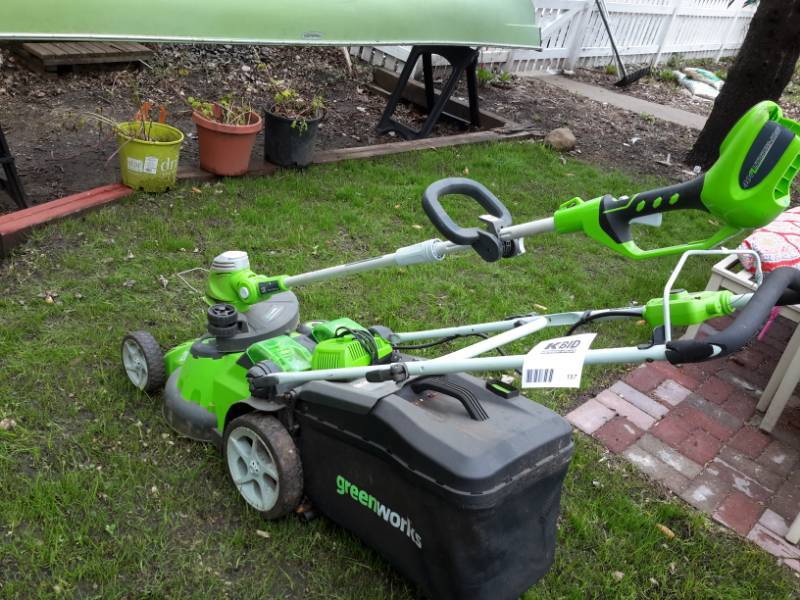 lot 157 image: Greenworks, Electric Lawnmower and weed whip.. 40V Lithium Battery