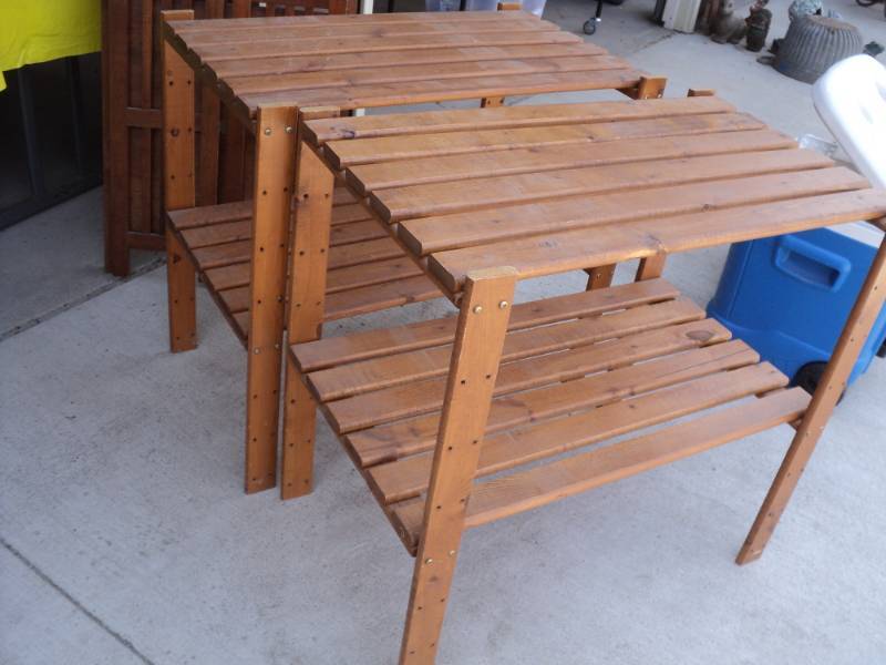 lot 50 image: 2 Wood Shelving Units each 32 x 19...
