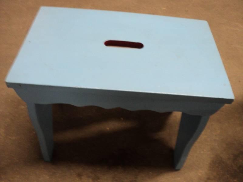 lot 200 image: Blue Wood Stool 18 x 11 x 14...