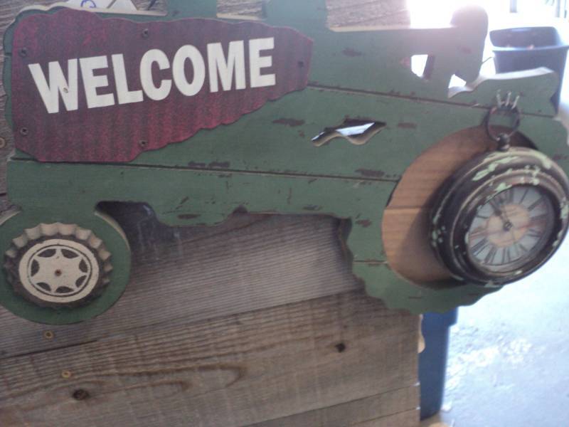 lot 388 image: Wood Tractor Wall Hanging with Cloc...