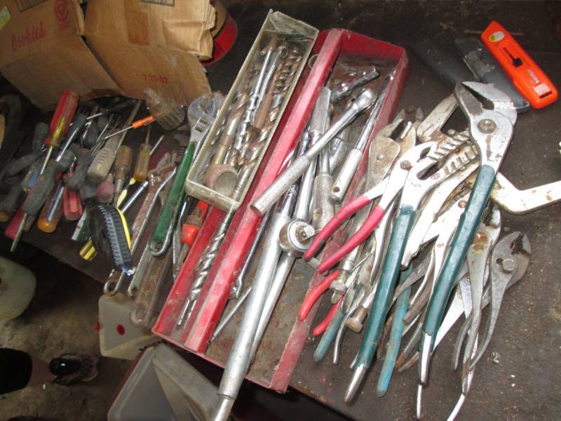 lot 104 image: Tote with misc. tools, wrenches, sc...