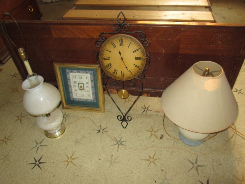 lot 188 image: hob nail lamp, clocks, 2 lamps...