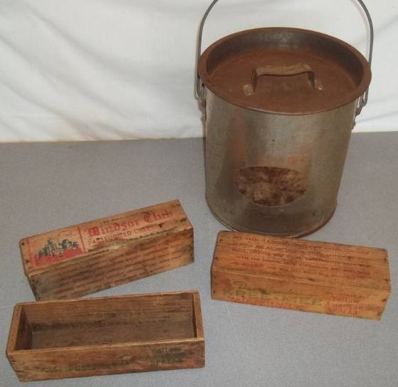 Vintage Cheese Boxes and Metal Pale