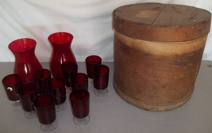 Red Glasswear and Circular Wooden Box