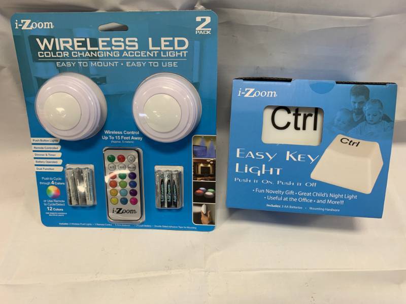 lot 41 image: Wireless Color Changing LED 2 Pack Puck Lights & EZ Key Night Light