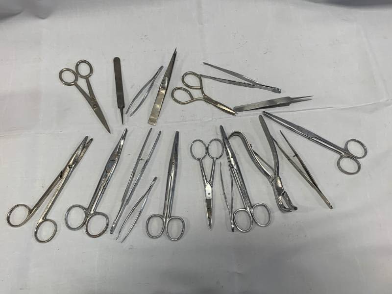lot 45 image: Lot of 19 Stainless Steel Tweezers & German Scissors