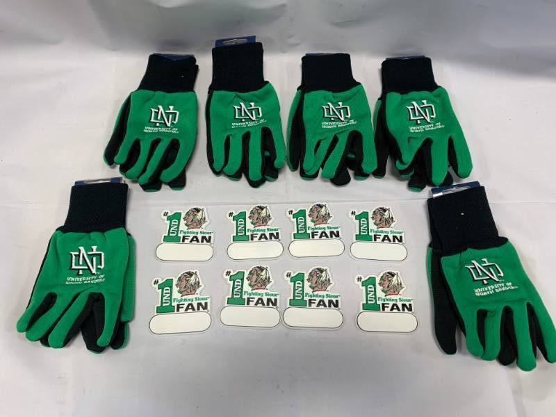 lot 58 image: Lot of 8 UND Fighting Sioux Magnets & 6 Pair UND Gloves