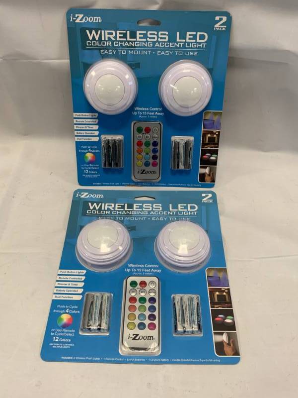 lot 60 image: Lot of 2 Wireless LED Color Changing 2 Pack Lights w Remote