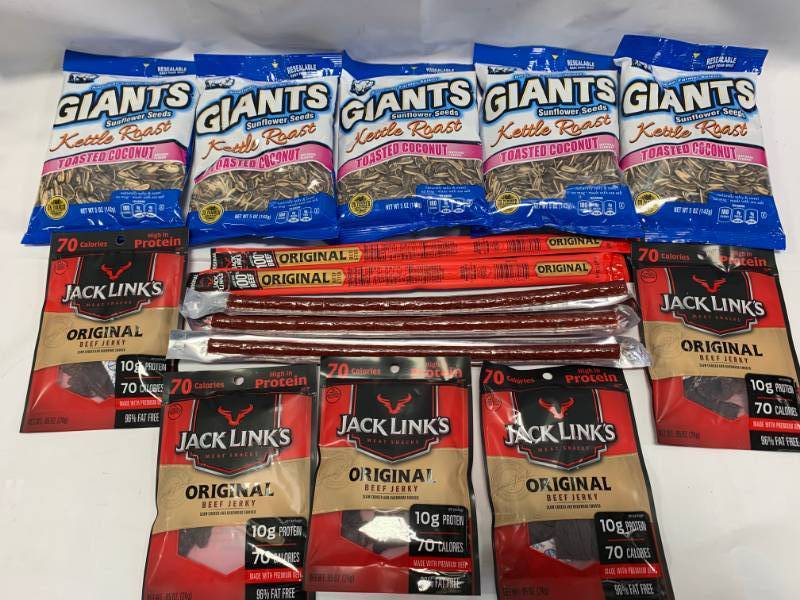 lot 92 image: 5 Bags Giant Toasted Coconut Sunflower Seeds, 5 Jack Link Sticks, Beef Jerky