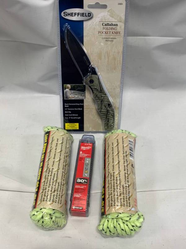 lot 98 image: 8pc Milwaukee Drill Bits, 2 Packages Glow in the Dark Rope, Camo Knife