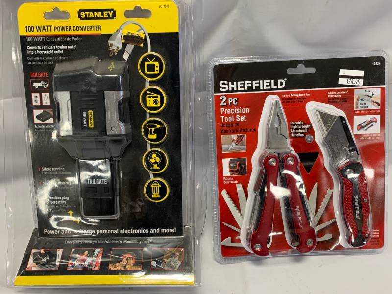 lot 99 image: Sheffield 2pc Knife  Multi Tool & Stanley 100 Watt Tail Gate Inverter