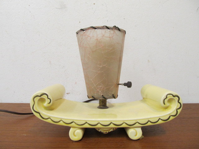 lot 27 image: Mid Century Scrolled Ceramic Lamp wFiberglass Shade