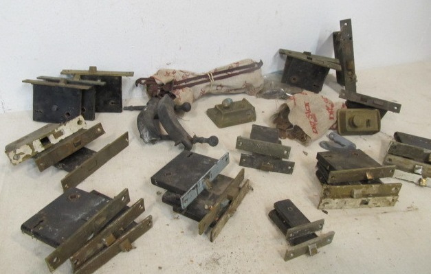 lot 40 image: Large Lot of Antique Brass etc Door Hardware Locks