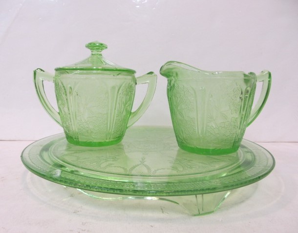 lot 85 image: Vintage Green Uranium Glass Cream & Sugar wFooted Tray