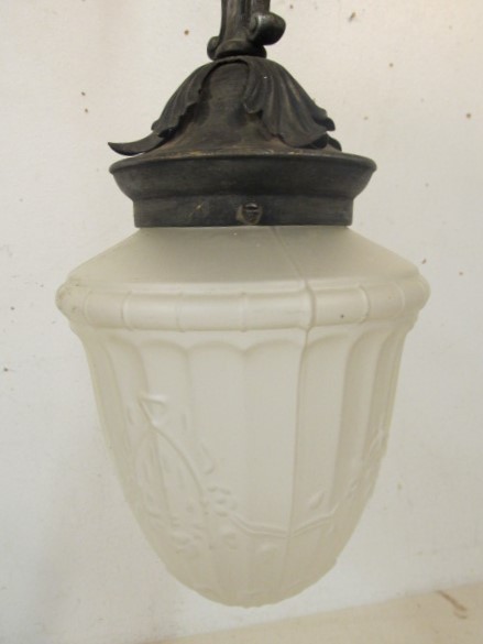 lot 89 image: Antique Hanging Pendant Lamp wOriginal Embossed Glass Shade