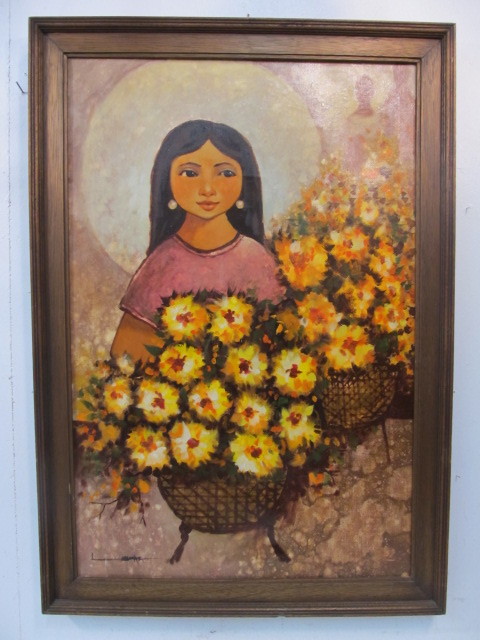 lot 99 image: Original Oil on Canvas Portrait with Bouquet of Flowers