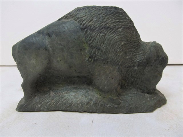 lot 115 image: Signed Vintage Hand Carved Stone Buffalo
