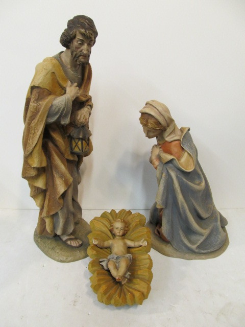 lot 186 image: LARGE Vintage Italian Carved ORTISEI Jesus Mary & Joseph Nativity Statues