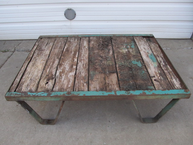 lot 12 image: Antique Industrial RailroadFactory Steel Wood Top Skid Table