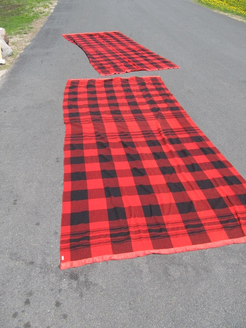 lot 253 image: 2 Vintage Large Red & Black Striped Wool Blankets