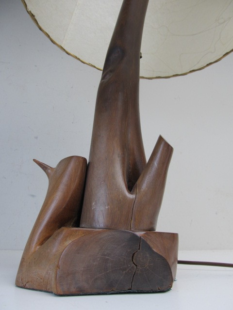 lot 280 image: Mid Century Sculptural Natural Wooden Table Lamp wFiberglass Shade