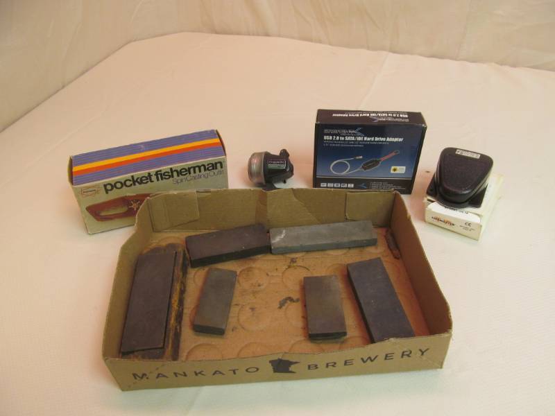 lot 133 image: Sharpening stones, NIB Footpedal Switch, Pocket fisherman, CrappiePro Reel, USB Hard Drive Adapter