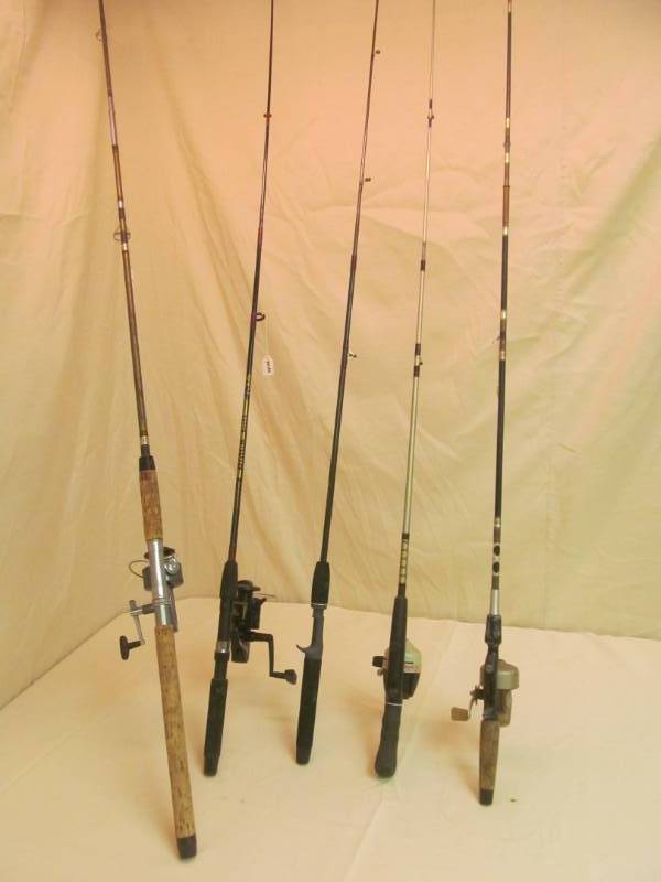 lot 145 image: Group of 5 fishing rods and reels on most