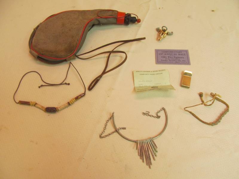 lot 159 image: Vintage Water Bag, 1934 Fireman Balltieret, Money Clip, Necklace and Bracelet
