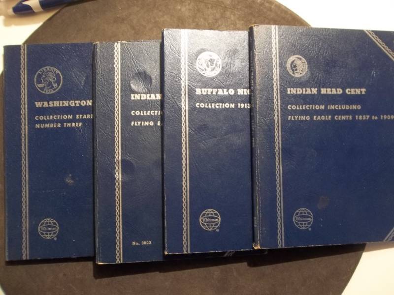4-Whitman Coin Albums-Washington Quarters With 13 Coins, 2-Indian Head Cents With 17 Later Date Coins. Buffalo Nickels With 7 Coins
