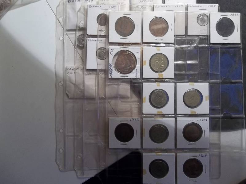3-Pages Of Mixed Origin Foreign Coins Panama, Columbia, Paraguay, Korea, India, Pakistan, More. From 1893