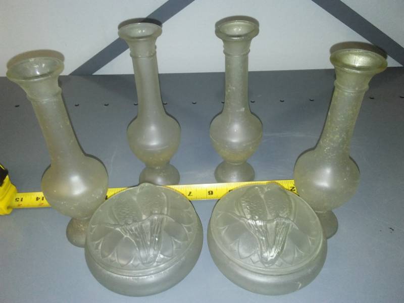 lot 213 image: Frosted glass candy dishes, stem vases.
