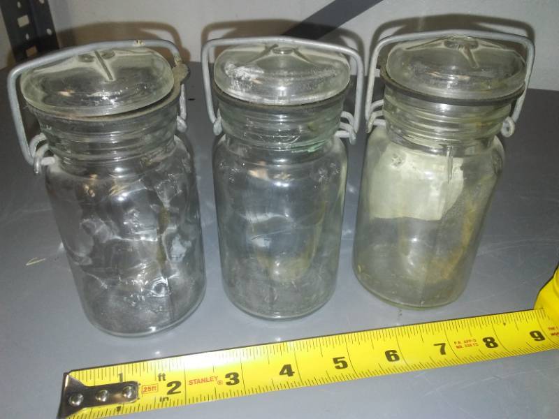 lot 245 image: 3 Bale Handle jars, 1873 on bottom.