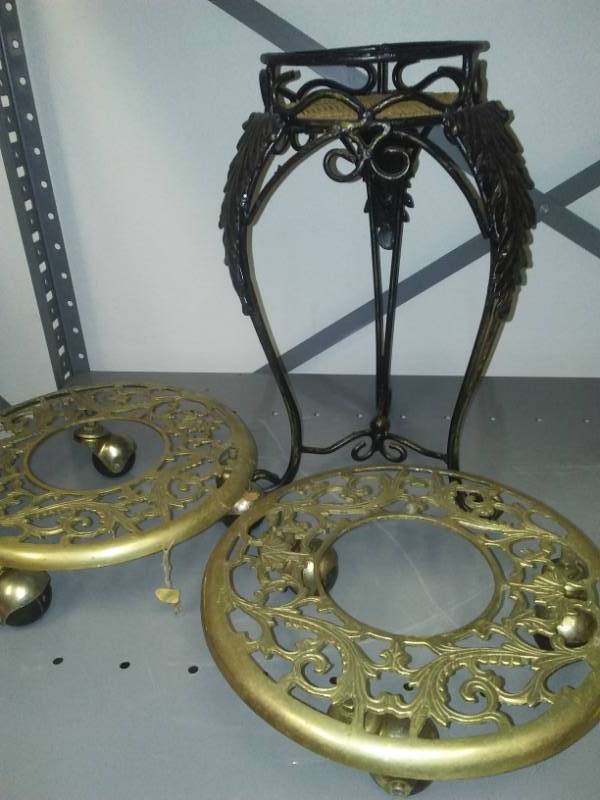 lot 326 image: Metal plant stands, 2 Brass on rollers, 11 in.