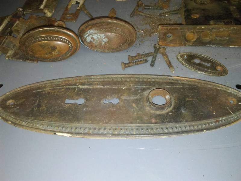 lot 331 image: Antique door hardware and cabinet.