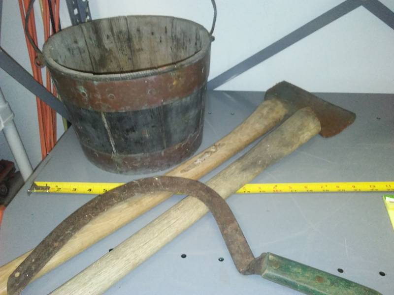 lot 414 image: vintage wood bucket, ax, handle and sickle.