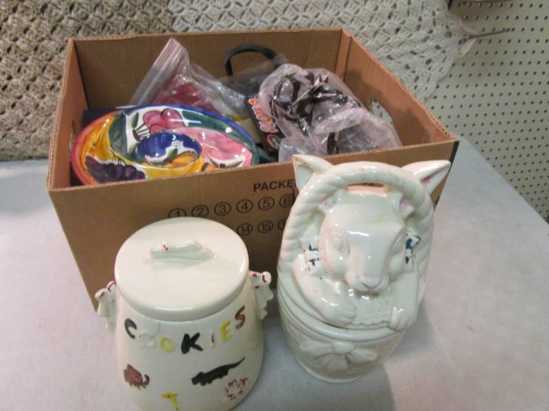 lot 64 image: Box of Misc and 2 Vintage Cookie Ja...