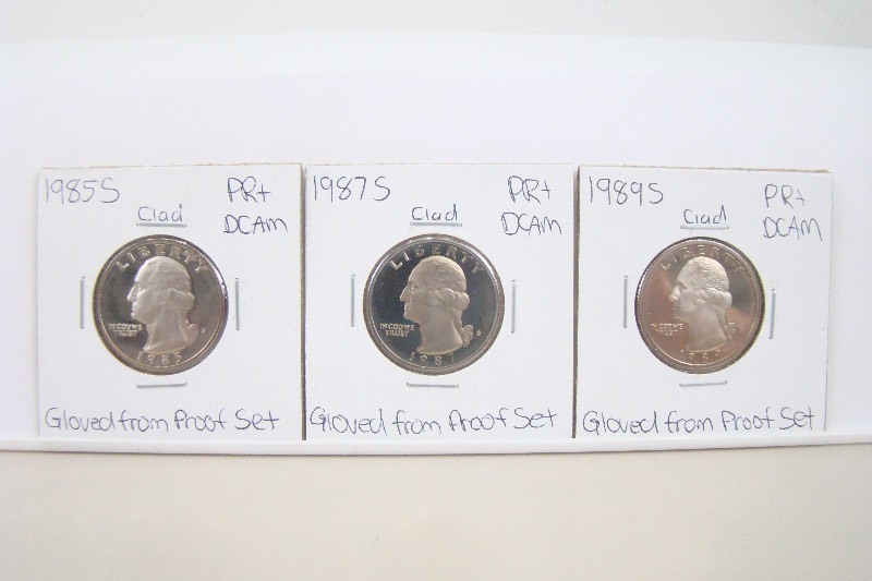 3 Clad 1989-S, 1987-S, and 1985-S High Grade Proof Washington Quarters
