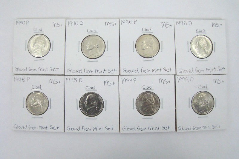 8 Clad 1990s High Grade Jefferson Nickels