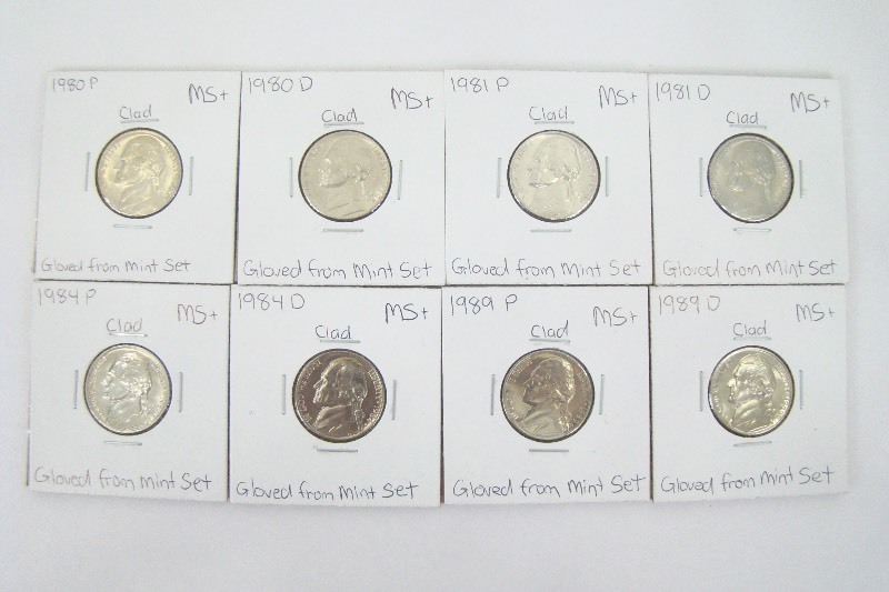 8 Clad 1980s High Grade Jefferson Nickels